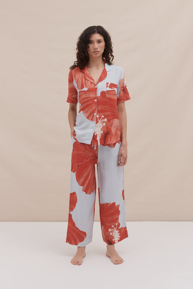 Short Sleeve Shirt & Pocket Trouser Set Grand Hibiscus Print Blue/Red Linen