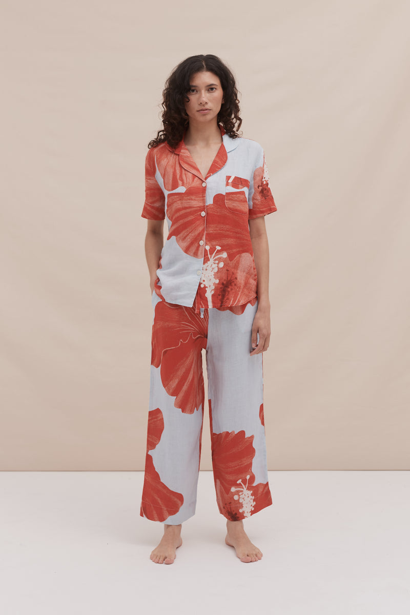 Short Sleeve Shirt & Pocket Trouser Set Grand Hibiscus Print Blue/Red Linen
