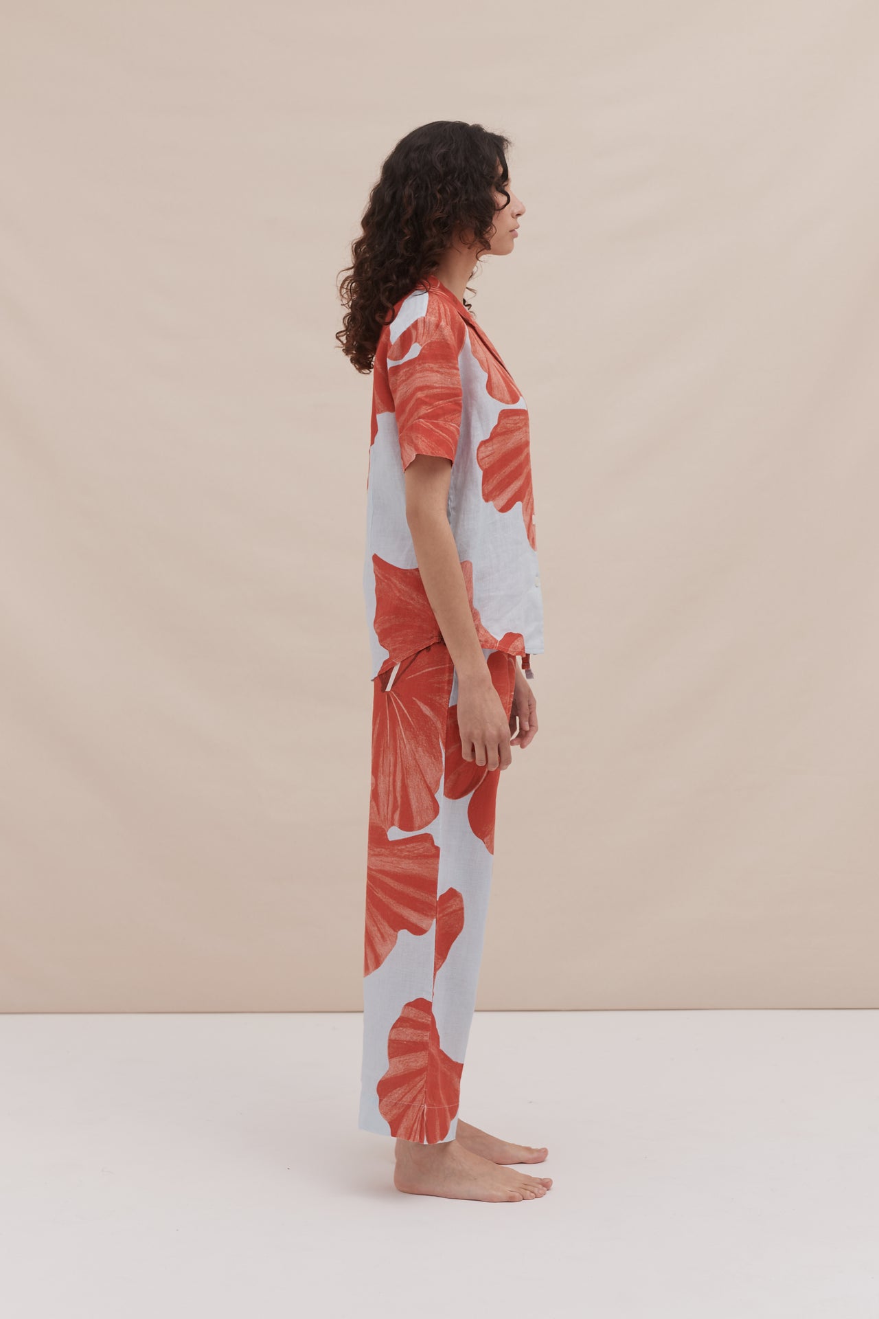 Short Sleeve Shirt & Pocket Trouser Set Grand Hibiscus Print Blue/Red Linen