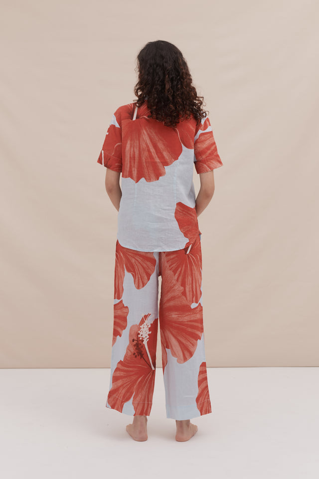 Short Sleeve Shirt & Pocket Trouser Set Grand Hibiscus Print Blue/Red Linen