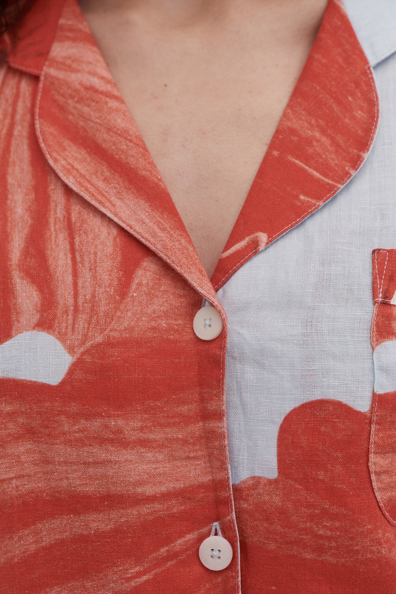 Short Sleeve Shirt & Pocket Trouser Set Grand Hibiscus Print Blue/Red Linen