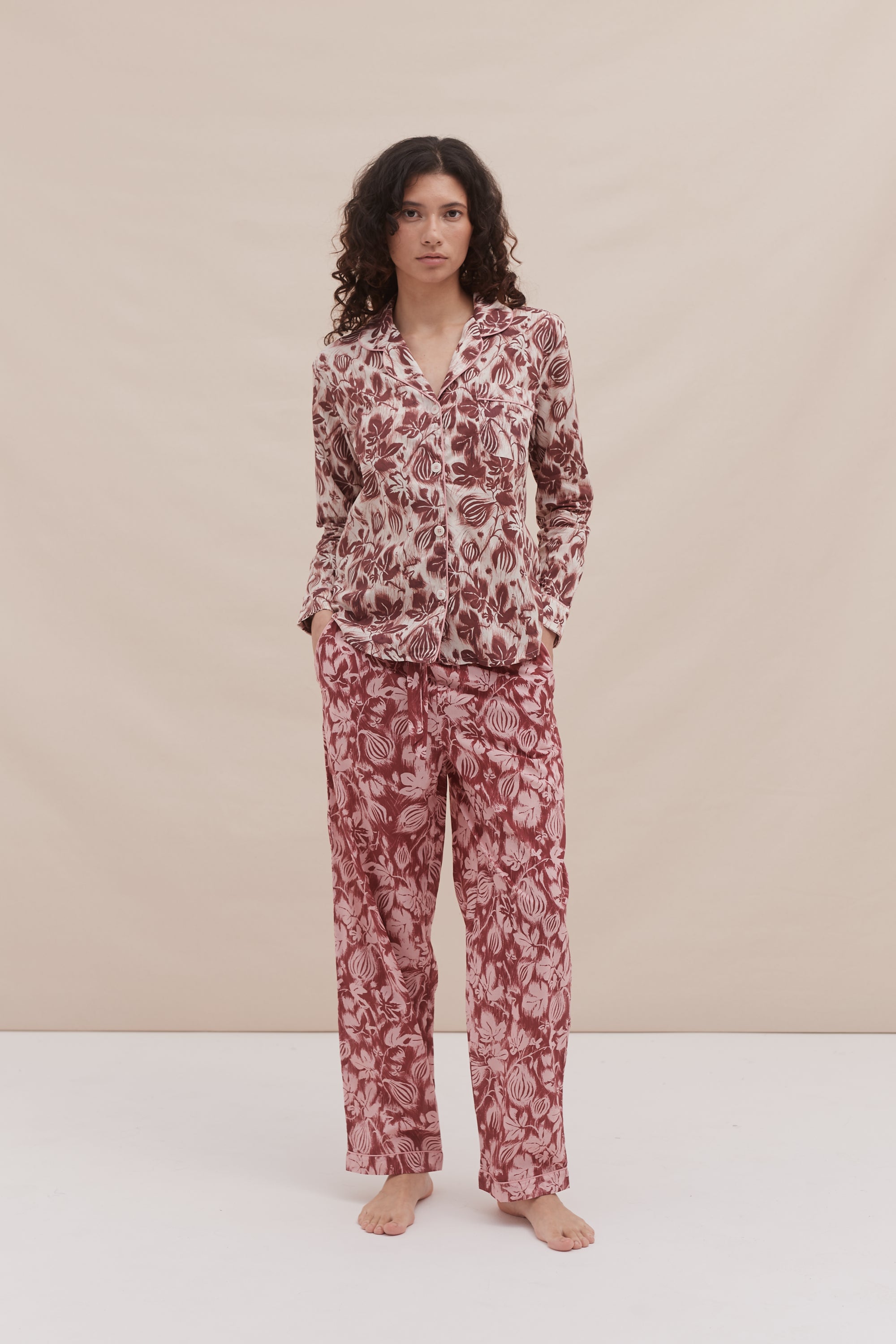 Long Pyjama Set Alma Fig Print Burgundy Cream Red Pink