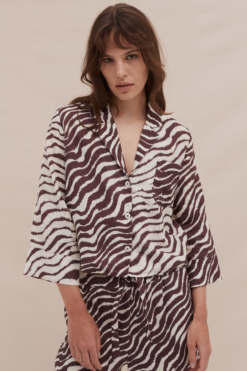Boxy Shirt Tide Print Cocoa/Cream Linen