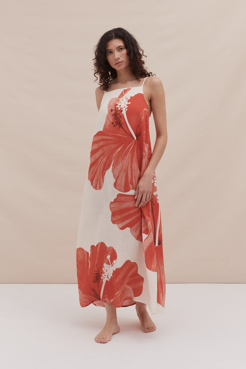 Square Nightie Grand Hibiscus Print Cream/Red Linen