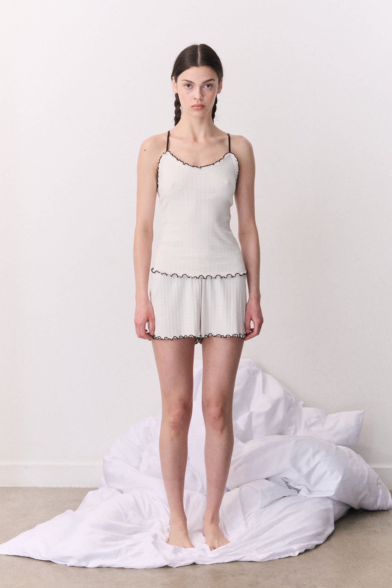 Pointelle Soft V Tank Cream/Brown