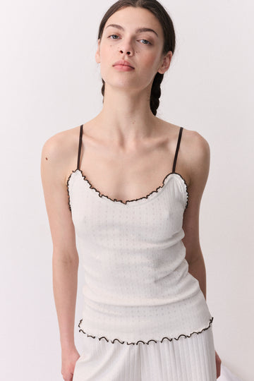Pointelle Soft V Tank Cream/Brown