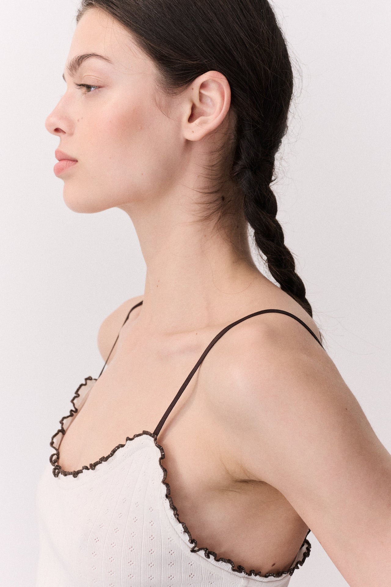 Pointelle Soft V Tank Cream/Brown