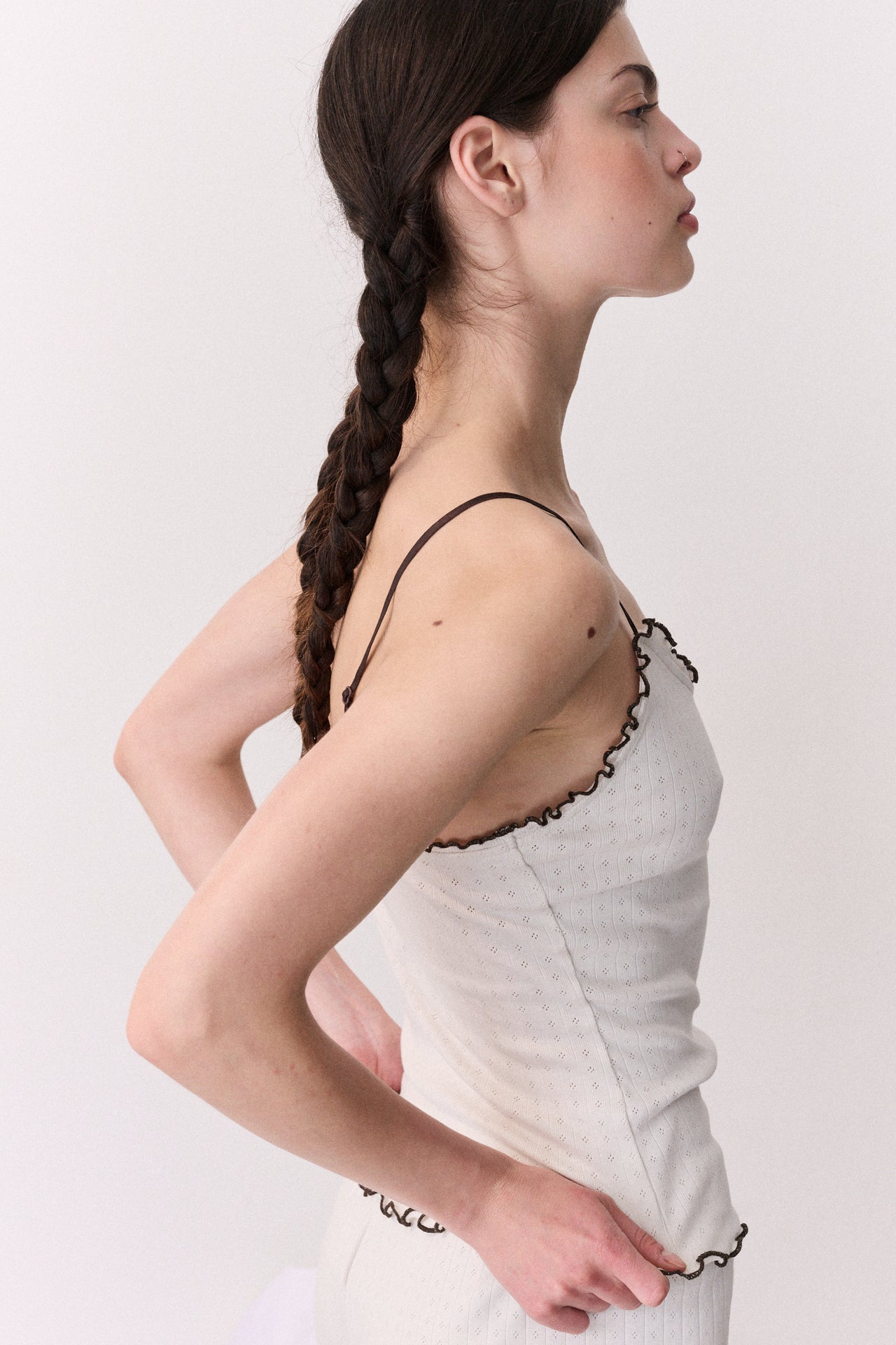 Pointelle Soft V Tank Cream/Brown