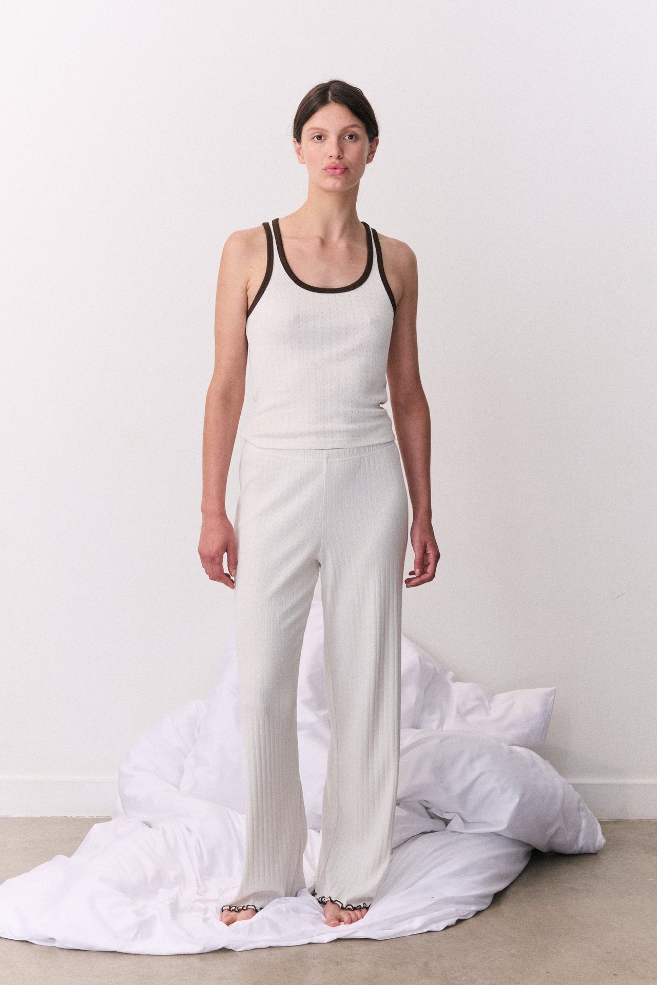 Pointelle Jersey Lounge Trouser Cream/Brown