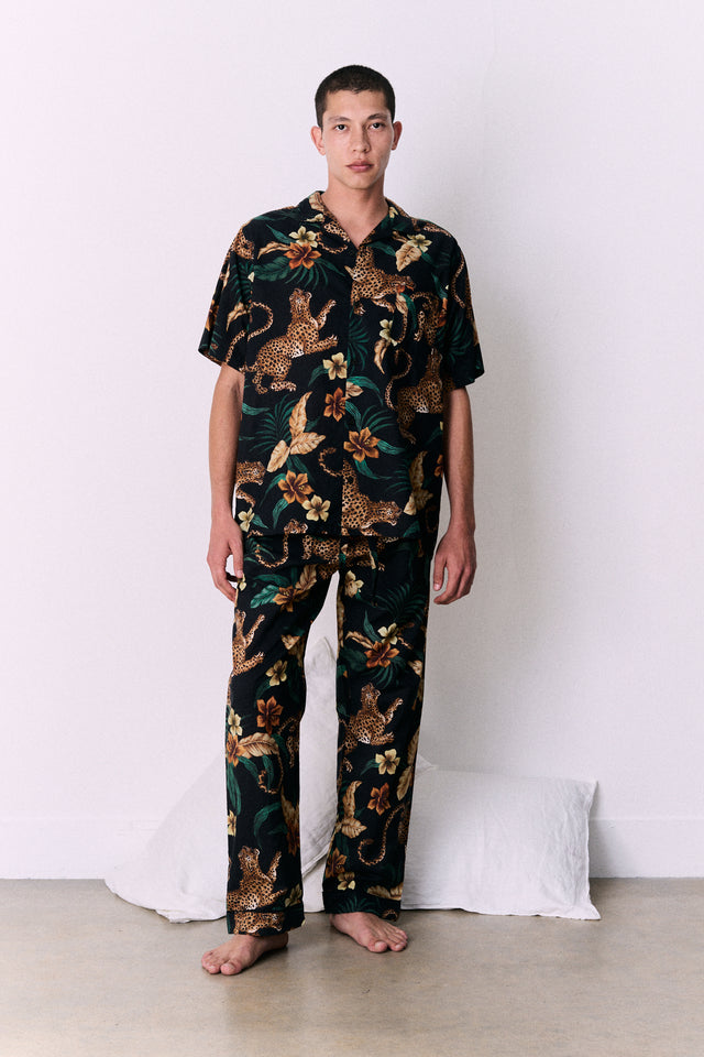 Men’s Cuban Long Pyjama Set Soleia Leopard Print Black/Yellow