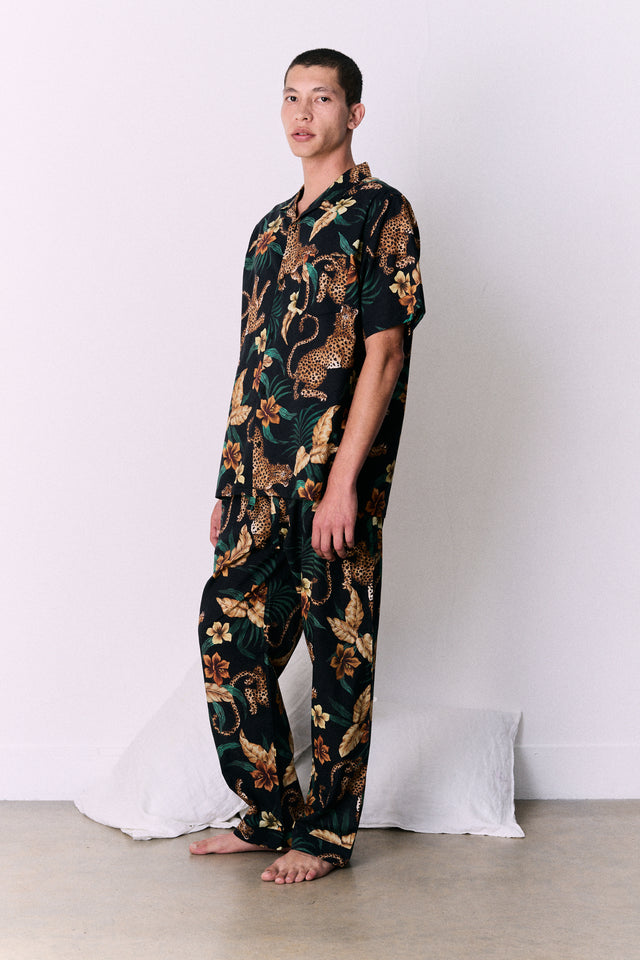Men’s Cuban Long Pyjama Set Soleia Leopard Print Black/Yellow