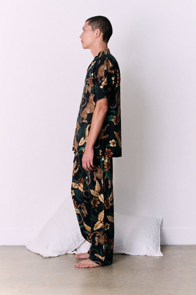 Men’s Cuban Long Pyjama Set Soleia Leopard Print Black/Yellow