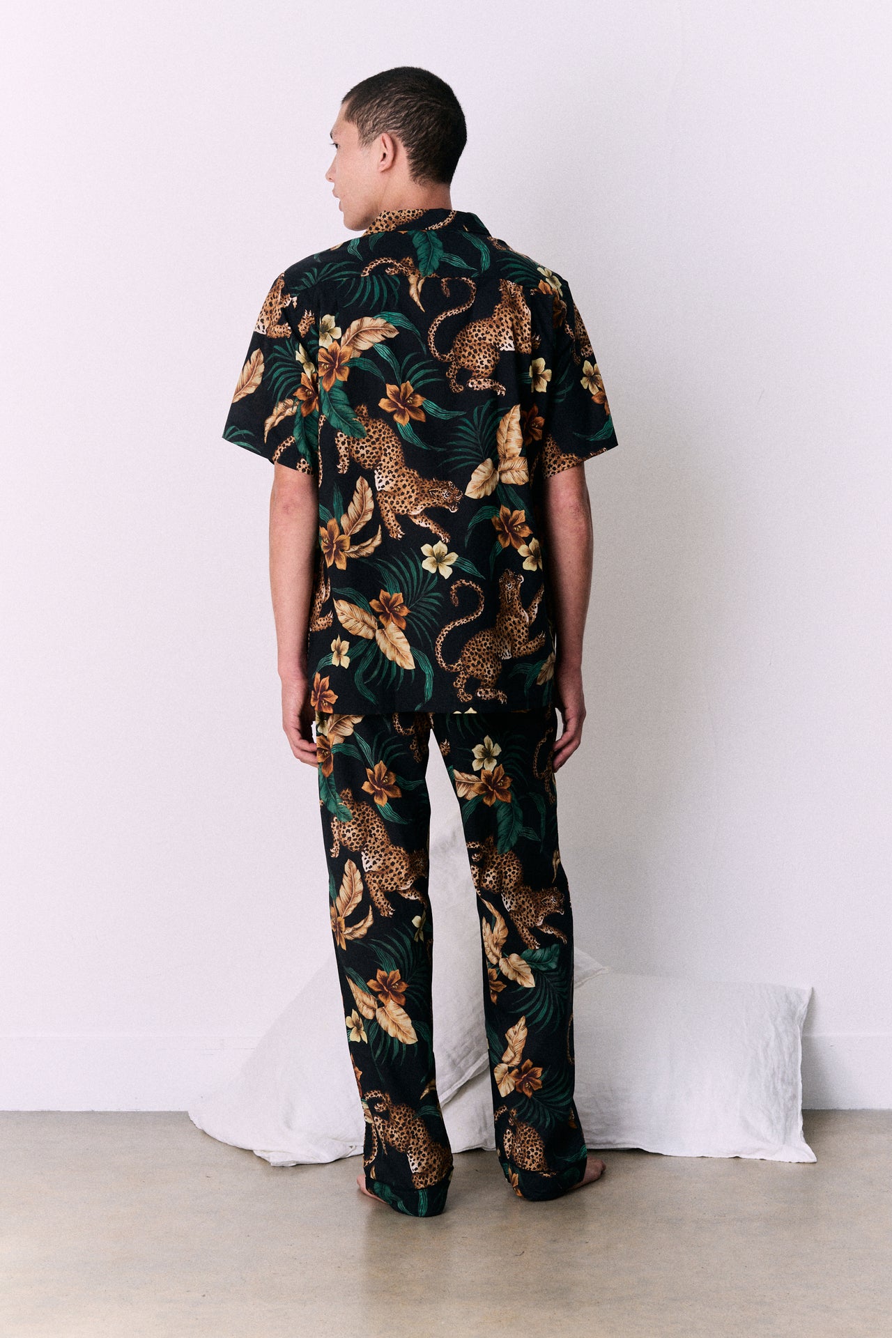 Men’s Cuban Long Pyjama Set Soleia Leopard Print Black/Yellow