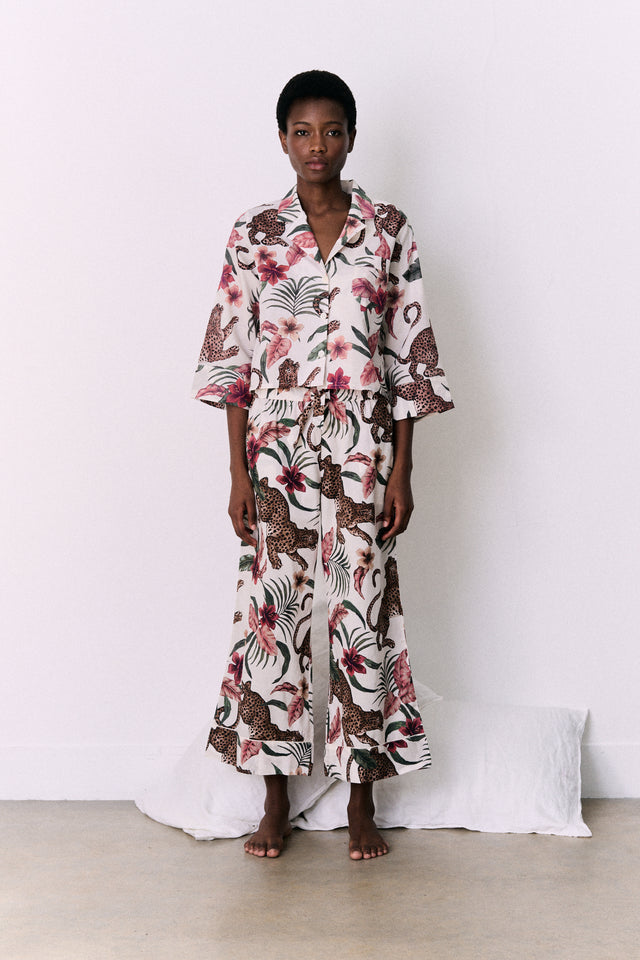 Boxy Shirt and Wide Leg Trouser Set Soleia Leopard Print Cream