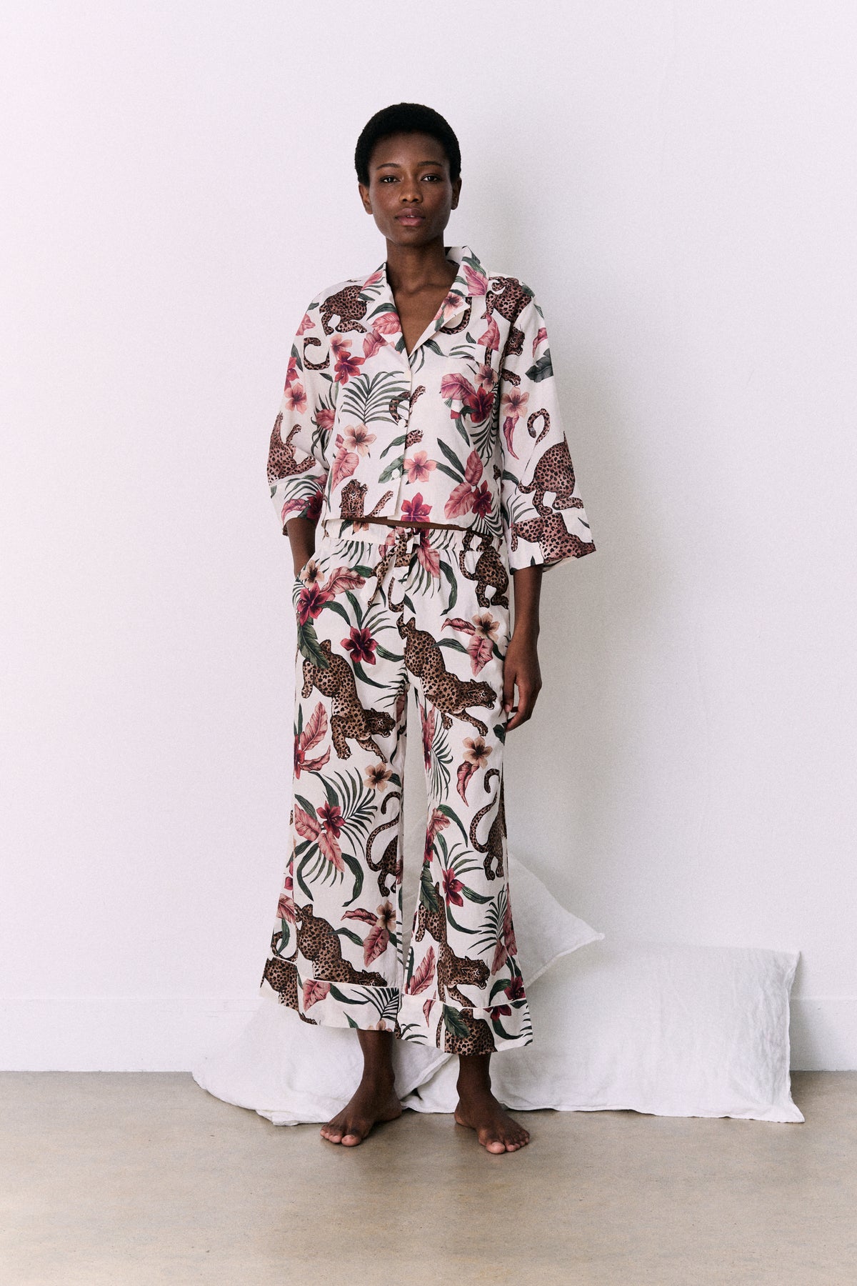 Boxy Shirt and Wide Leg Trouser Set Soleia Leopard Print Cream