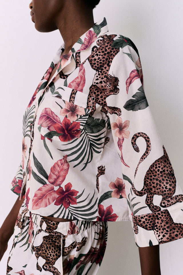 Boxy Shirt and Wide Leg Trouser Set Soleia Leopard Print Cream