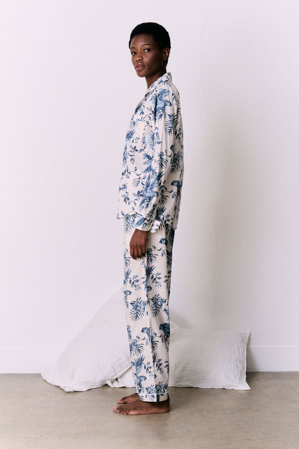 Long Pyjama Set Bromley Parrot Print Cream/Blue