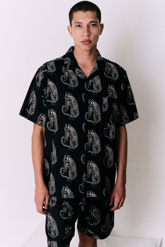 Men’s Cuban Pyjama Shirt Sansindo Tiger Print Black/Cream