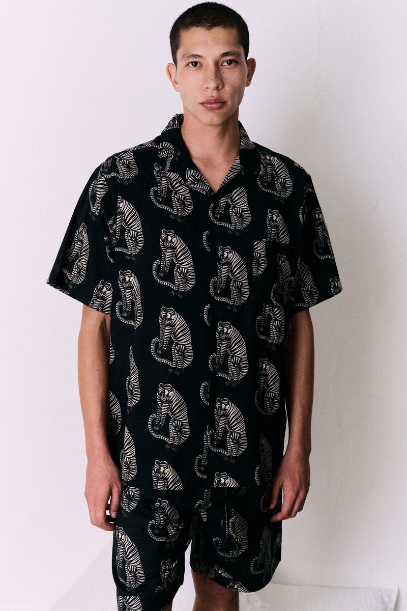 Men’s Cuban Pyjama Shirt Sansindo Tiger Print Black/Cream