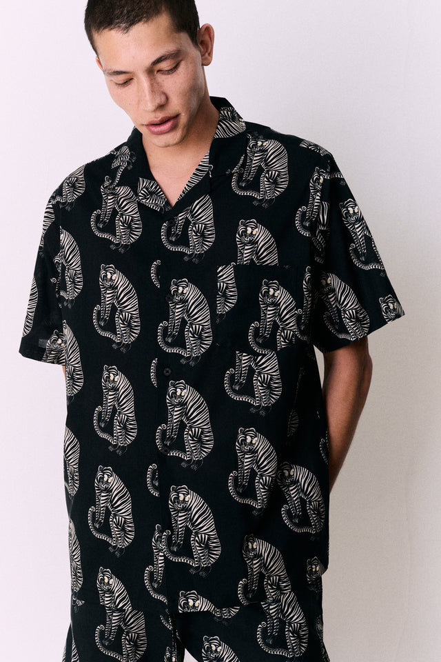 Men’s Cuban Pyjama Shirt Sansindo Tiger Print Black/Cream