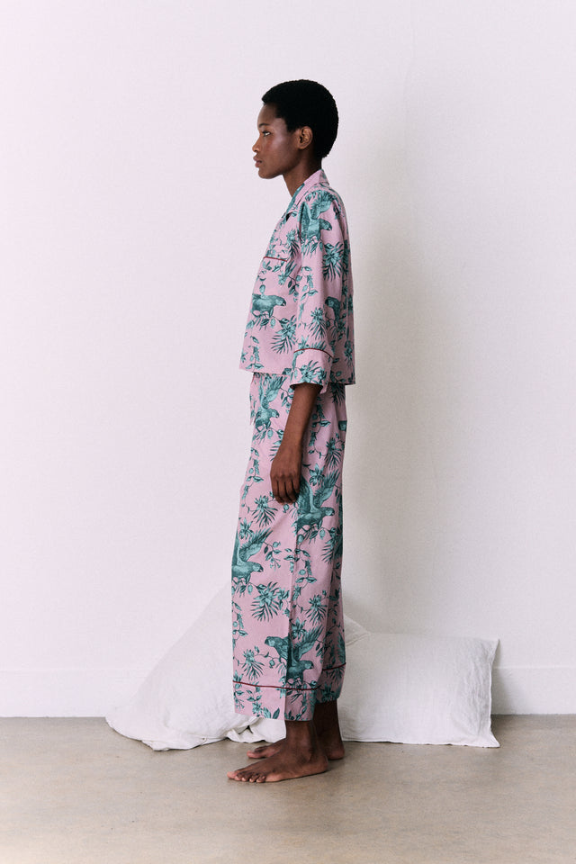 Boxy Shirt and Wide Leg Trouser Set The Bromley Parrot Print Pink/Blue