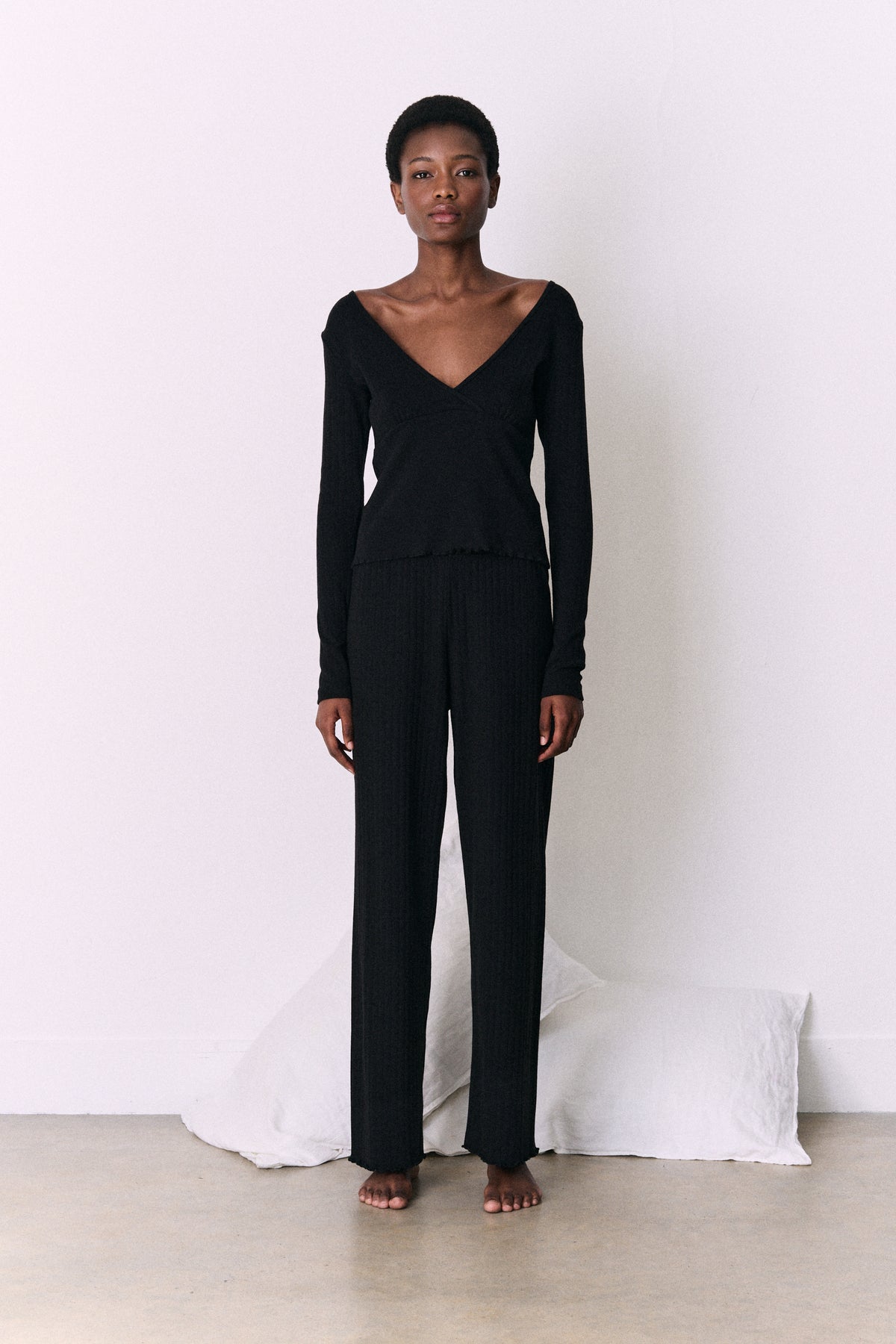 Pointelle Long Sleeve Top & Trouser Set Black