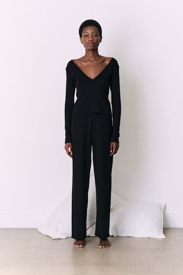 Pointelle Long Sleeve Top & Trouser Set Black