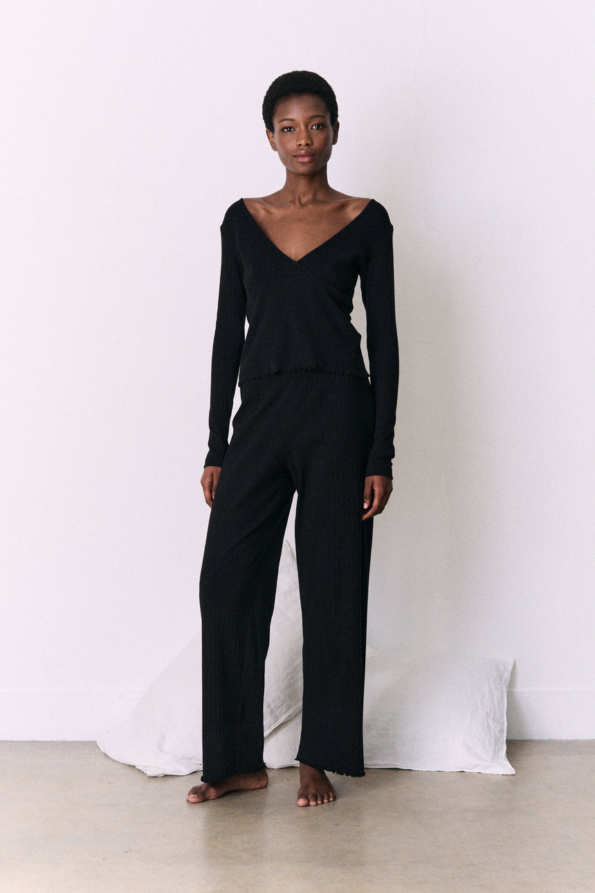 Pointelle Long Sleeve Top &amp; Trouser Set Black