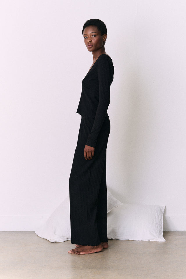 Pointelle Long Sleeve Top & Trouser Set Black