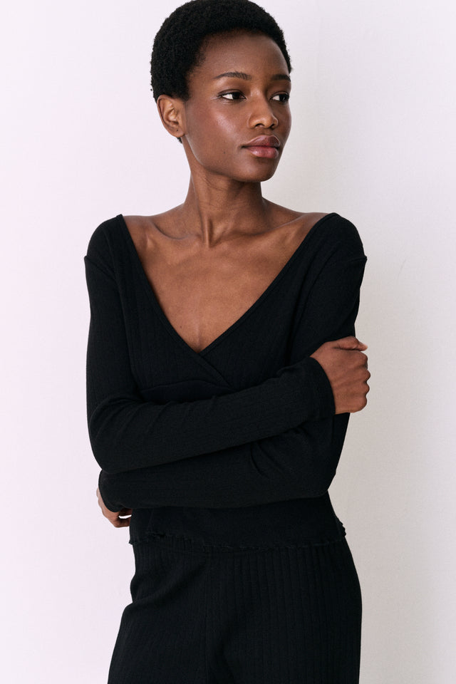 Pointelle Long Sleeve Top Black
