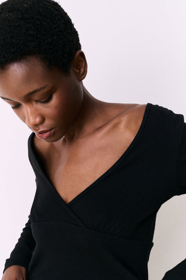 Pointelle Long Sleeve Top Black