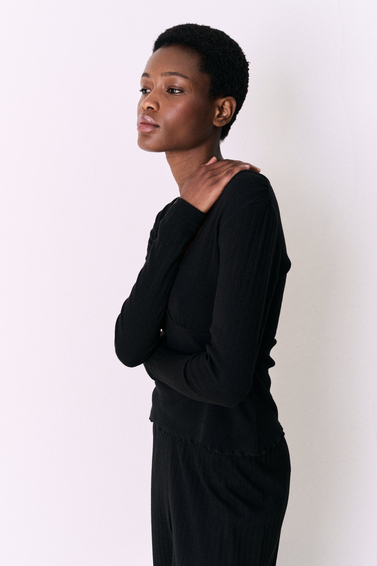 Pointelle Long Sleeve Top & Trouser Set Black