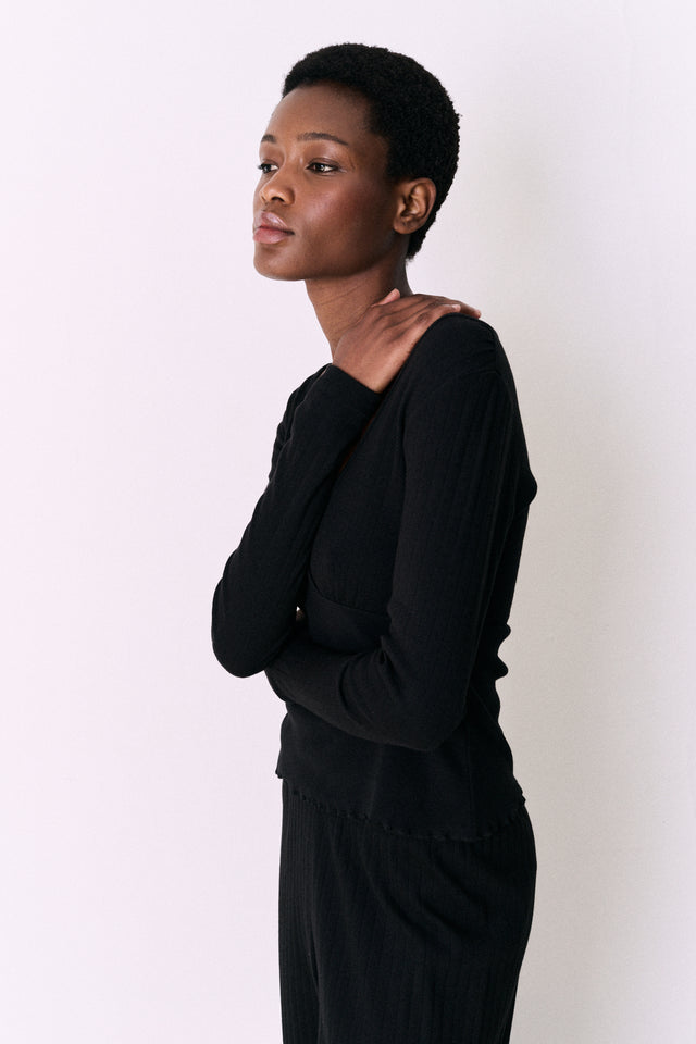 Pointelle Long Sleeve Top Black