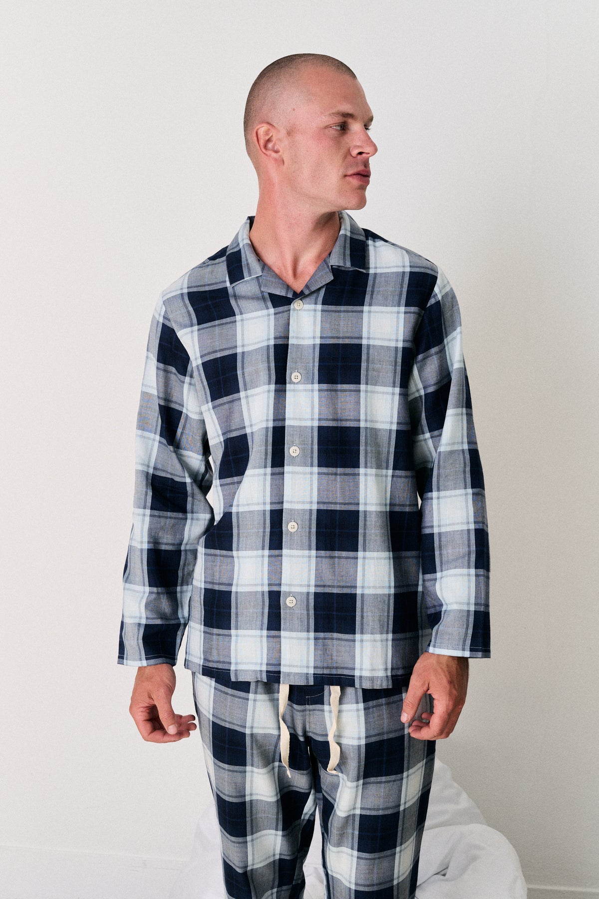 Mens 402 Long Set Woven Check Navy/Blue