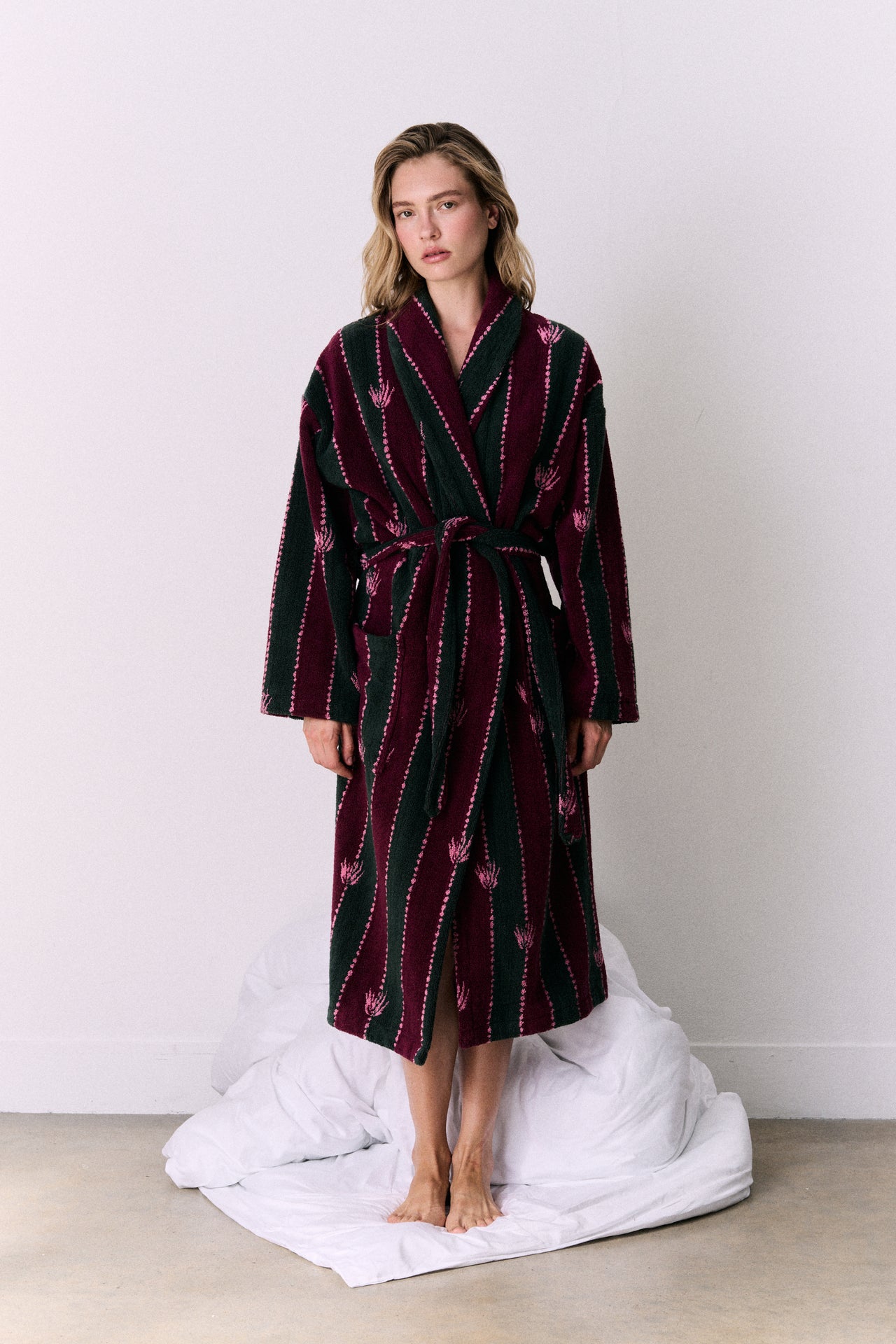 Unisex Towel Robe Moonflower Stripe Green/Pink/Red
