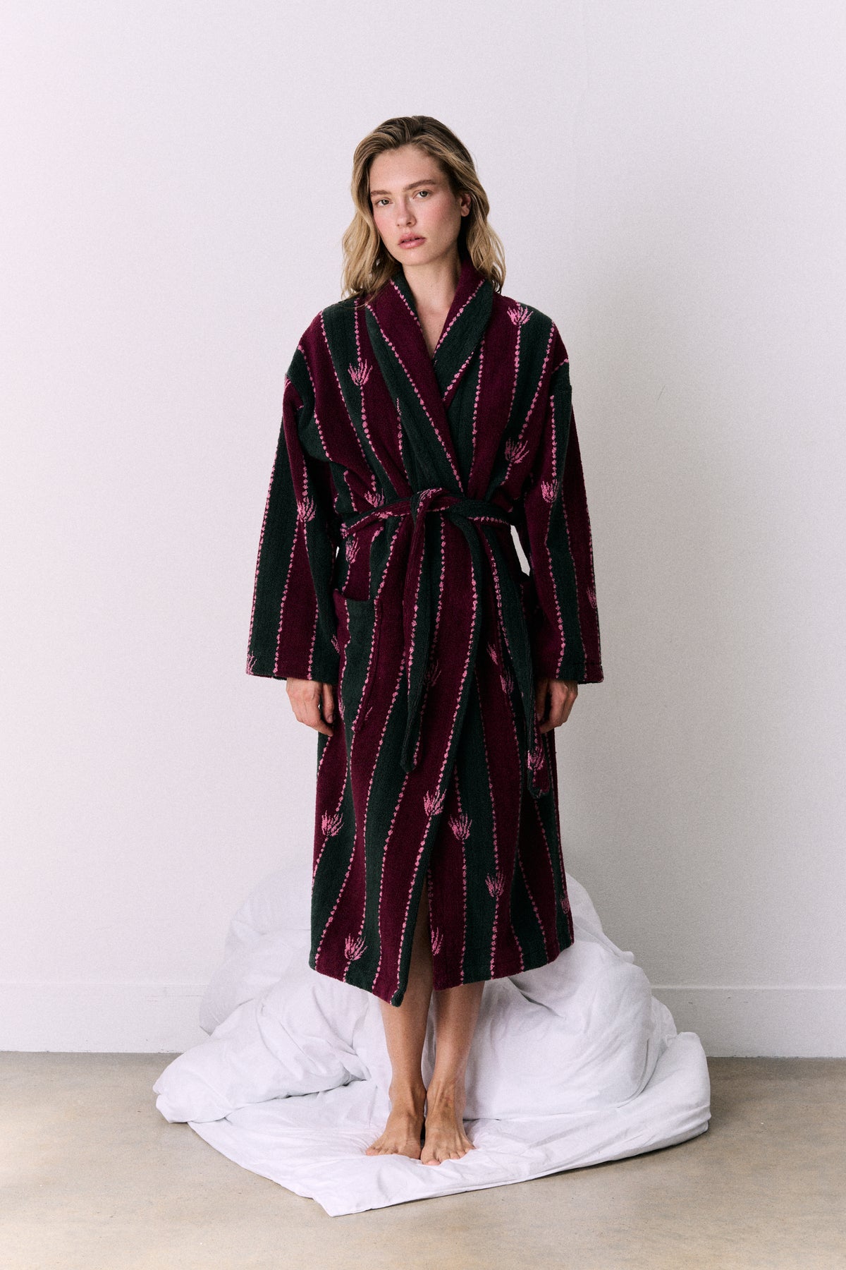 Unisex Towel Robe Moonflower Stripe Green/Pink/Red