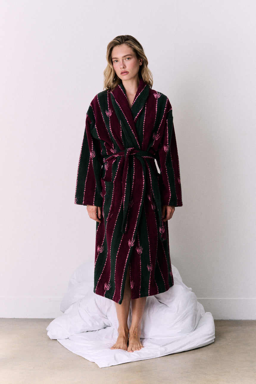 Unisex Towel Robe Moonflower Stripe Green/Pink/Red