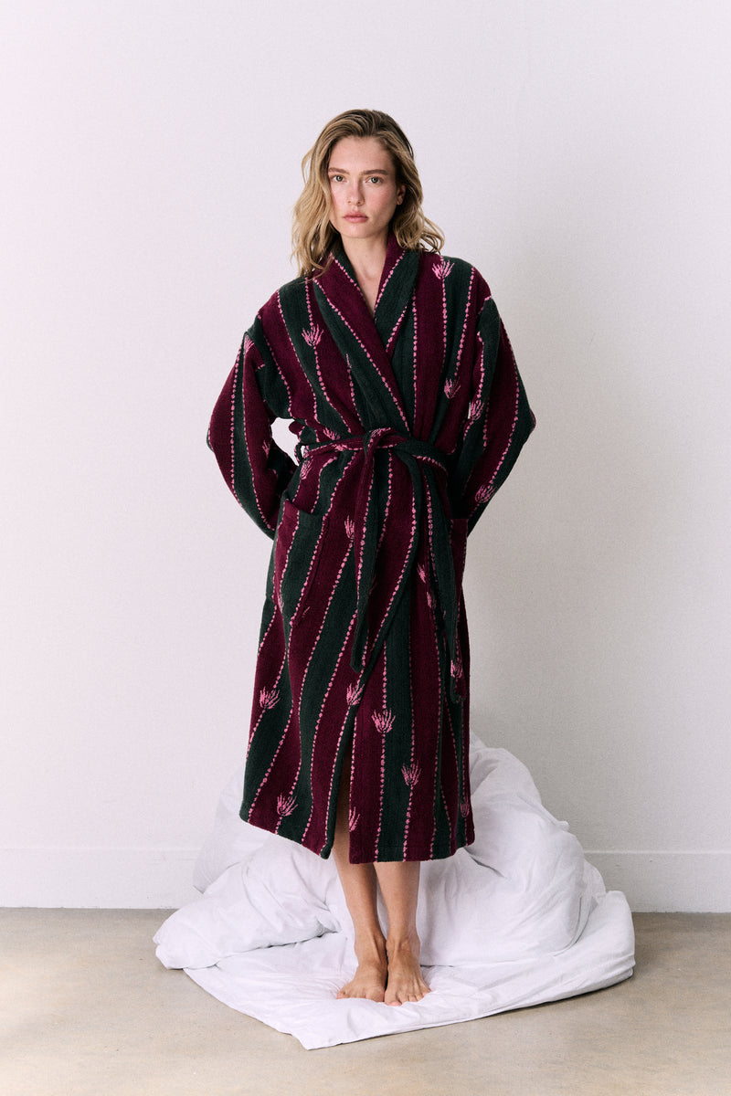 Unisex Towel Robe Moonflower Stripe Green/Pink/Red