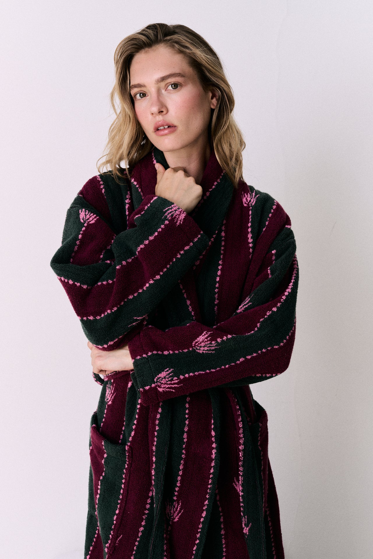 Unisex Towel Robe Moonflower Stripe Green/Pink/Red