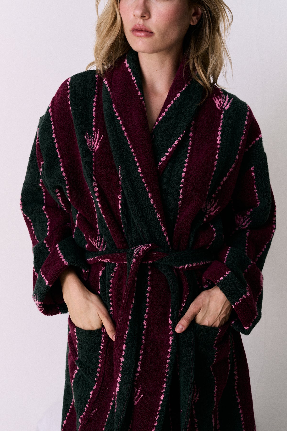 Unisex Towel Robe Moonflower Stripe Green/Pink/Red