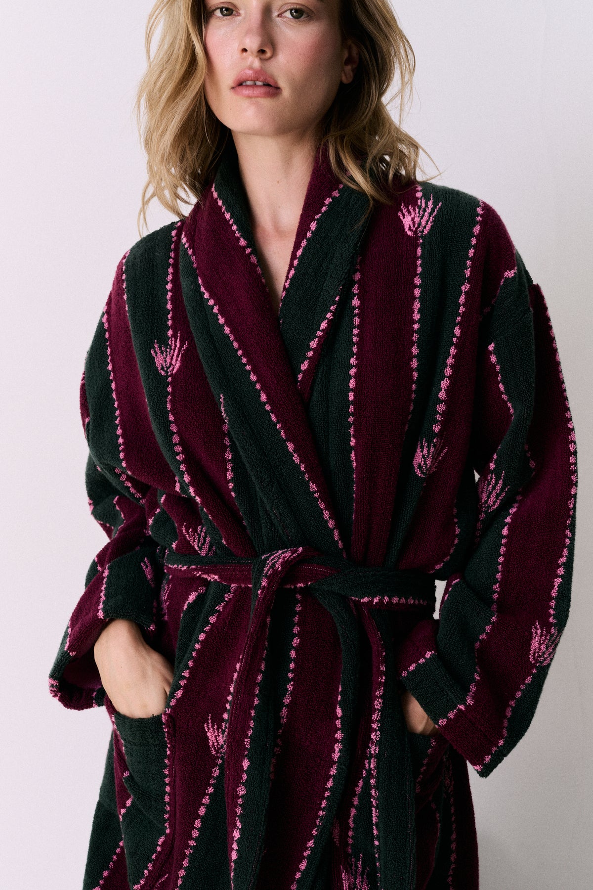 Unisex Towel Robe Moonflower Stripe Green/Pink/Red