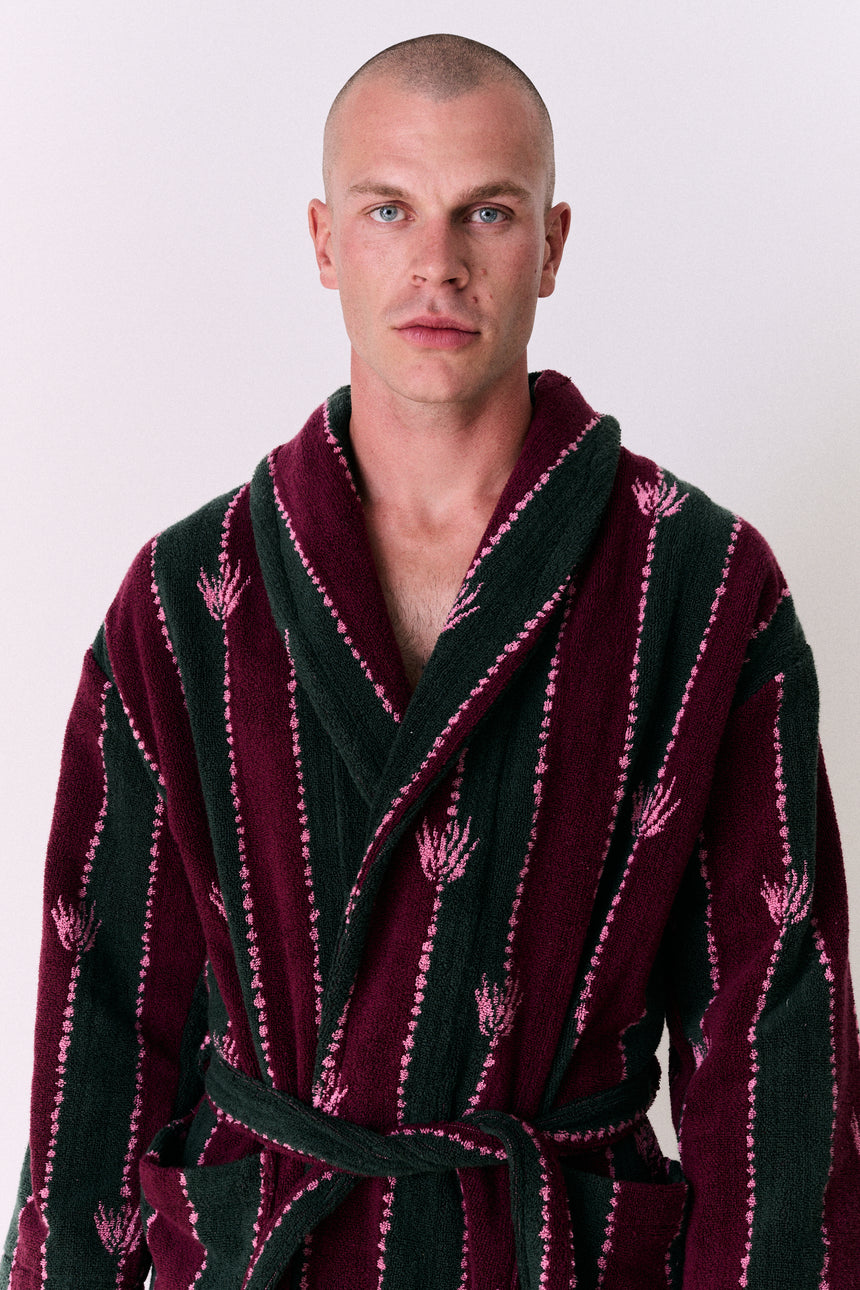 Unisex Towel Robe Moonflower Stripe Green/Pink/Red