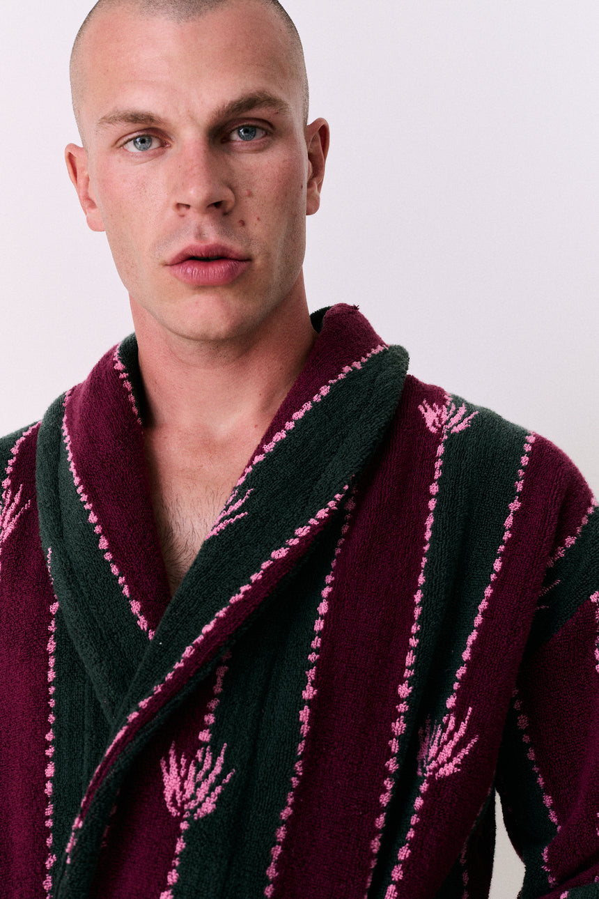 Unisex Towel Robe Moonflower Stripe Green/Pink/Red