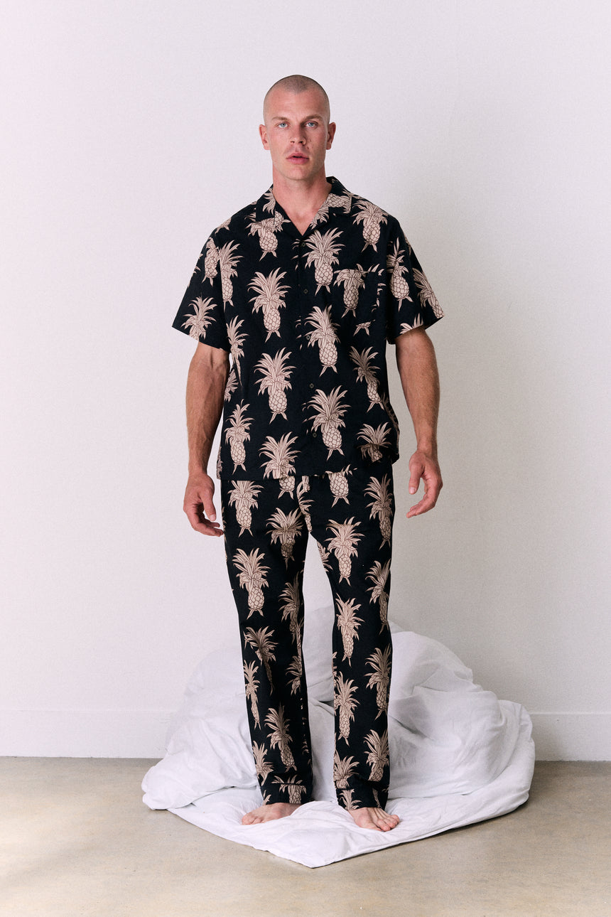 Men’s Cuban Long Pyjama Set Howie Pineapple Print Black/Gold