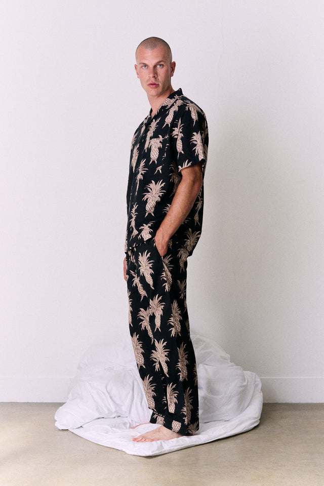Men’s Cuban Long Pyjama Set Howie Pineapple Print Black/Gold