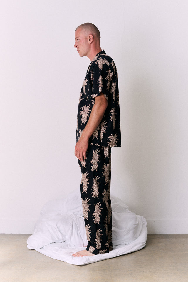 Men’s Cuban Long Pyjama Set Howie Pineapple Print Black/Gold