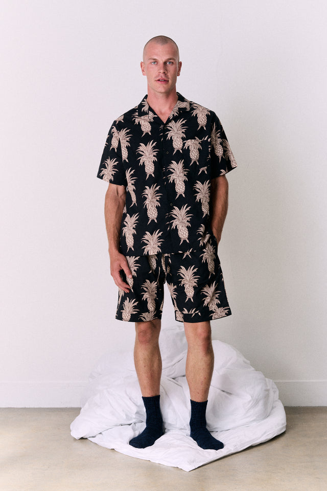 Men’s Cuban Pyjama Set Howie Pineapple Print Black/Gold