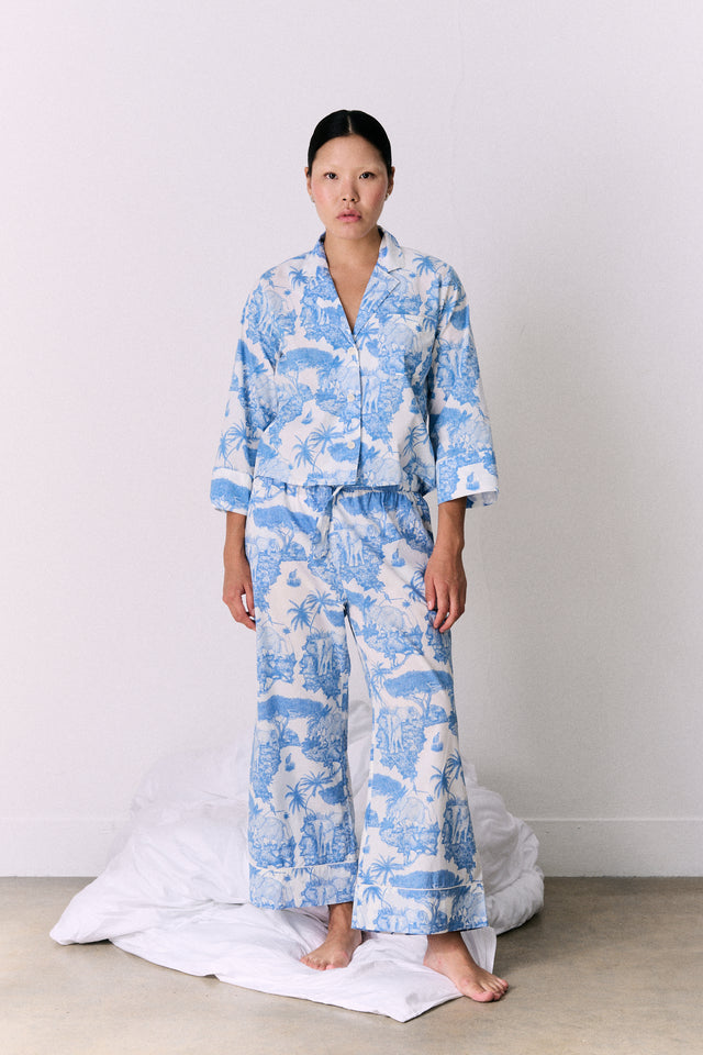 Boxy Shirt and Wide Leg Trouser Set Loxodonta Print Blue