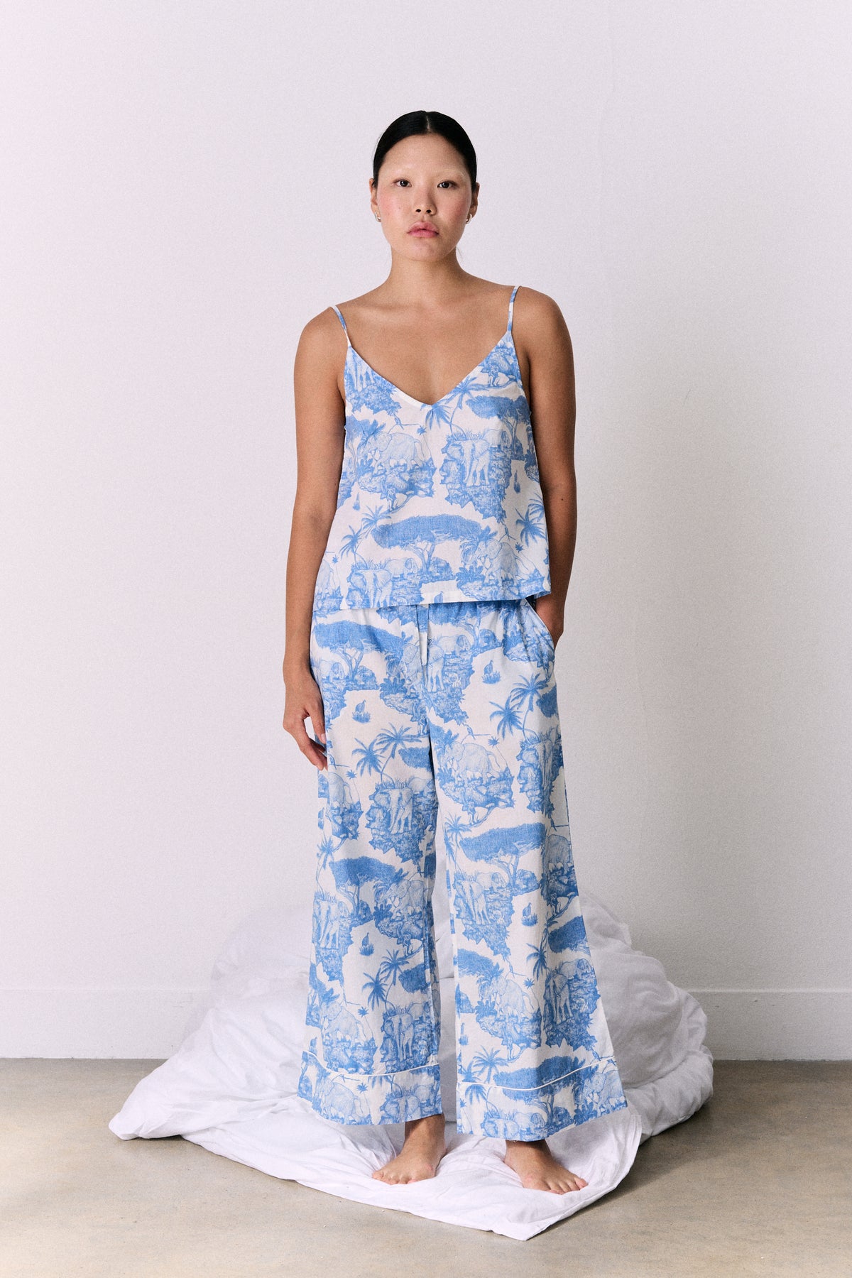 Cami Top and Wide Leg Trouser Set Loxodonta Print Blue