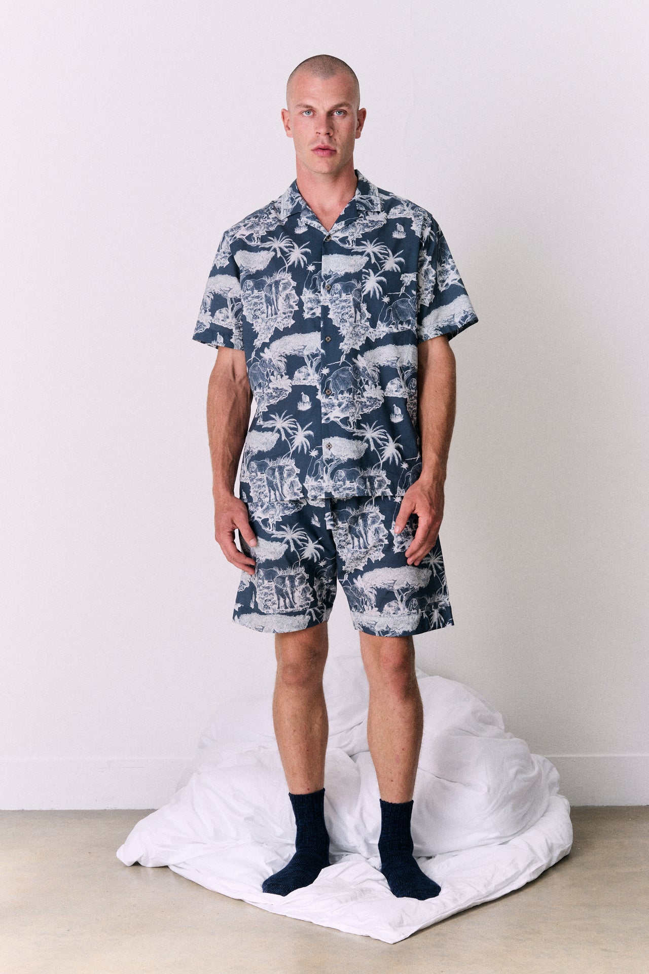 Men’s Cuban Pyjama Set Loxodonta Print Navy